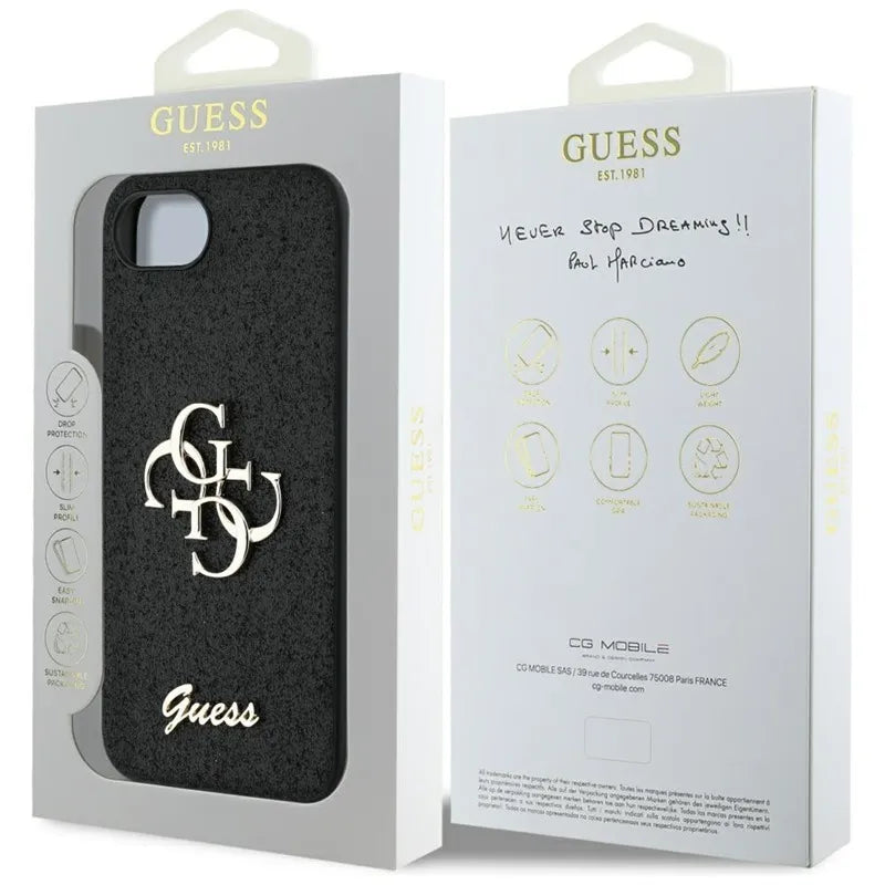 Guess Fixed Glitter Big 4G - Dėklas iPhone 16e (juodas)