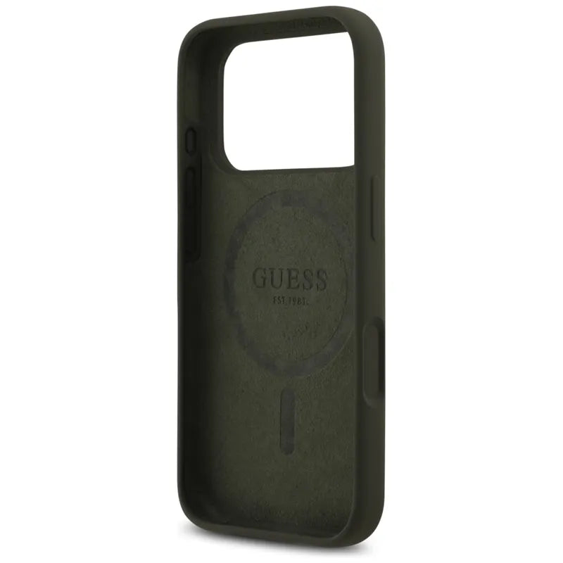 Guess Silicone Triangle Logo MagSafe dėklas iPhone 17 Pro (chaki spalvos)