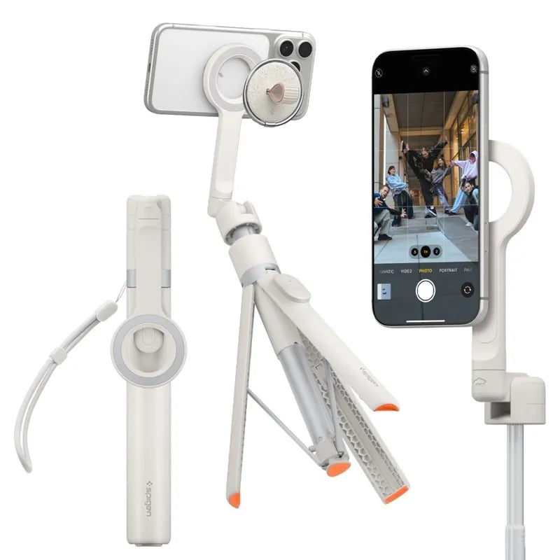 Spigen S582W MagSafe „Bluetooth“ asmenukių lazda su trikoju – išmaniojo telefono trikojis / asmenukių lazdos laikiklis (Dune Beige)