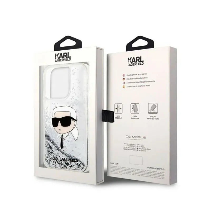 Karl Lagerfeld Liquid Glitter NFT Karl's Head – dėklas iPhone 14 Pro Max telefonui (sidabrinis)