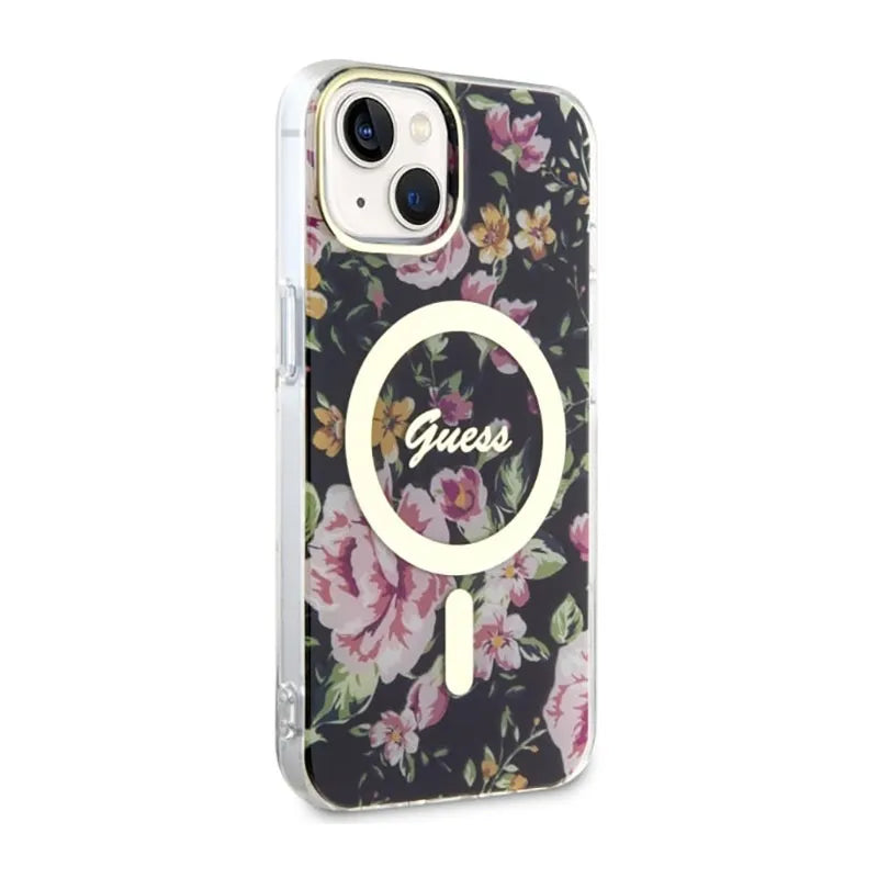 Guess Flower MagSafe – dėklas, skirtas iPhone 14 (juodas)
