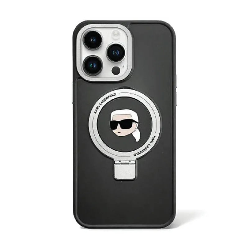 Karl Lagerfeld Ring Stand Karl Head MagSafe dėklas „iPhone 15 Pro“ telefonui (juodas)