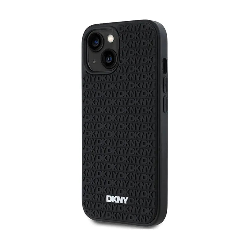 DKNY 3D Rubber Repeat Pattern – Dėklas iPhone 15 / 14 / 13 (juodas)