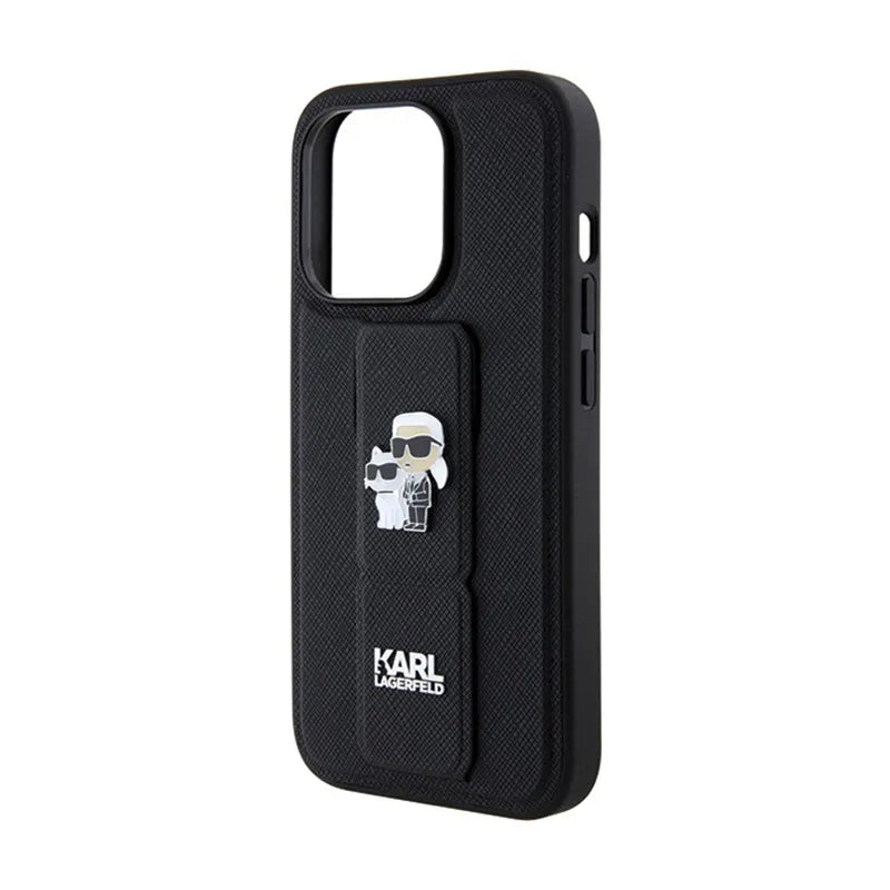 Karl Lagerfeld Gripstand Saffiano Karl & Choupette Pins – dėklas, skirtas iPhone 13 Pro (juodas)