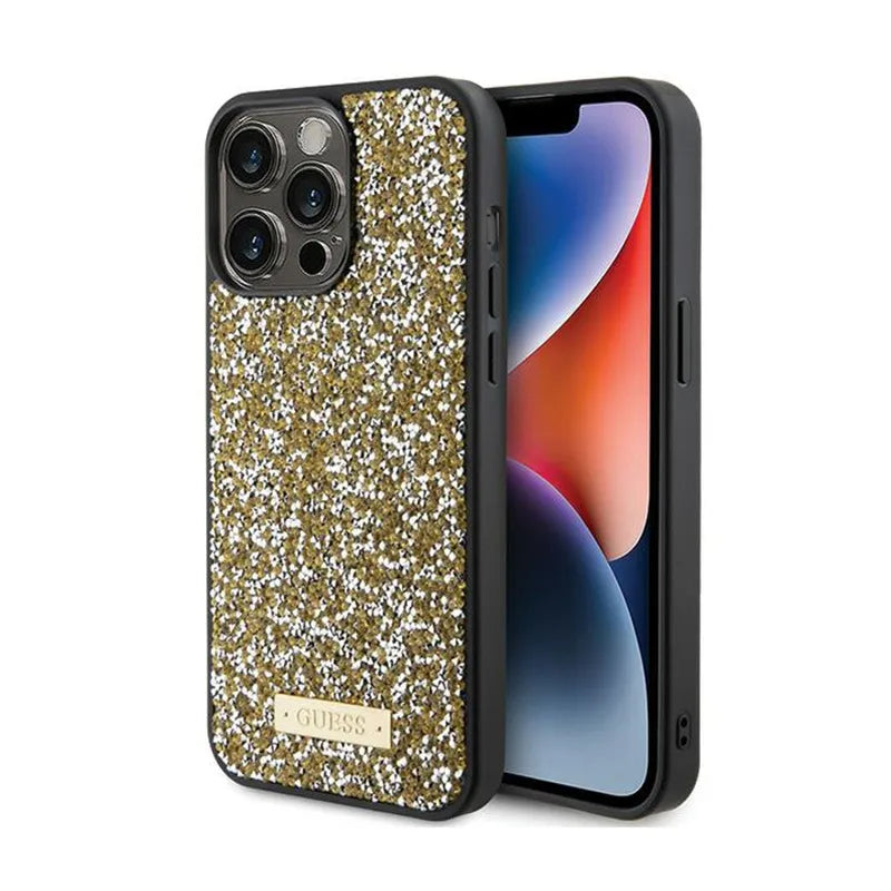 Guess Rhinestone Metal Logo – dėklas iPhone 15 Pro (geltonas)