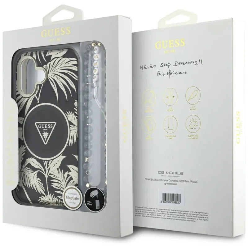 Guess Palm Trees Triangle Pearl Strap MagSafe – dėklas iPhone 16 (juodas)