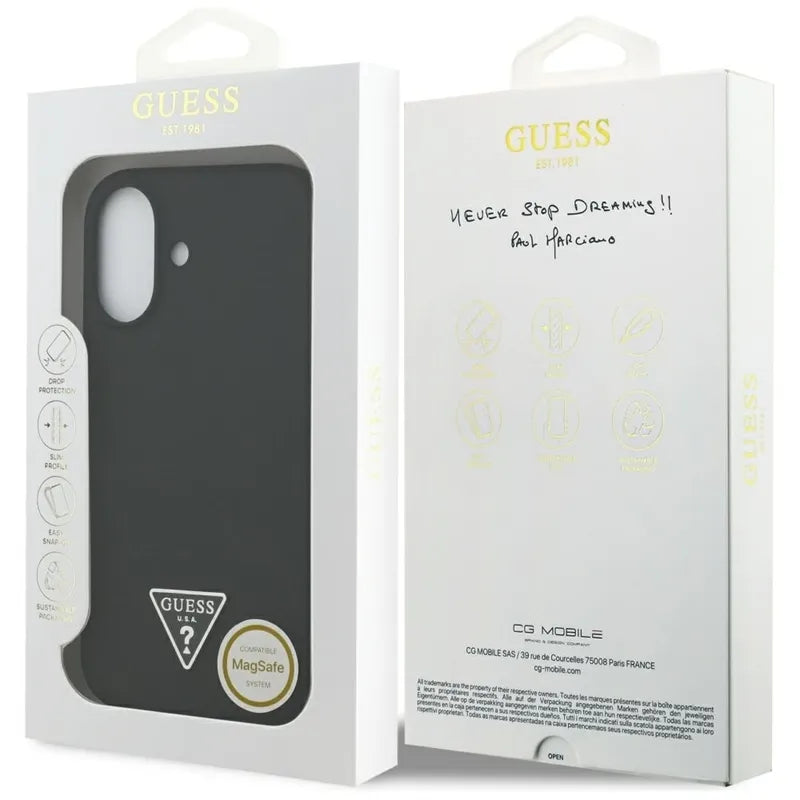 Guess Silicone Triangle Logo MagSafe – dėklas iPhone 17 (juodas)