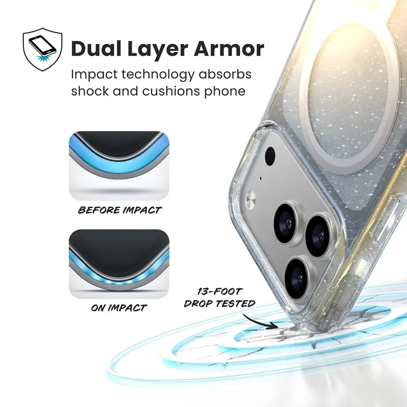 Speck Presidio Lux MagSafe - iPhone 17 Pro Max dėklas (Hyper Mirror Glitter / Silver Metallic)