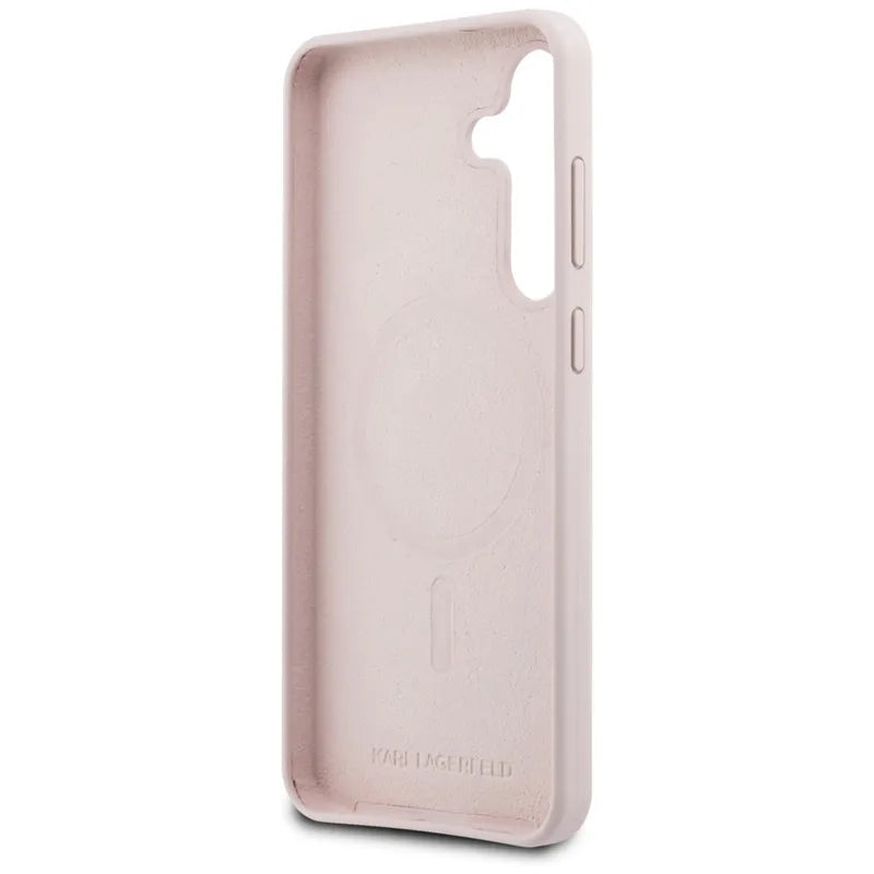 Karl Lagerfeld Silicone Karl & Choupette Heads MagSafe – dėklas Samsung Galaxy S25 FE (rožinis)