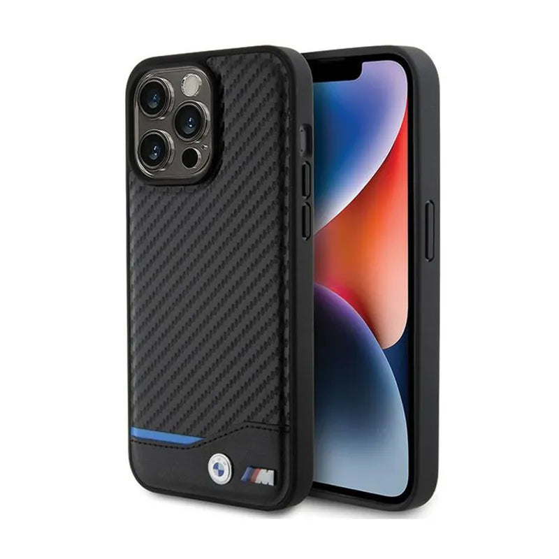BMW Leather Carbon Blue Line – dėklas iPhone 15 Pro Max (juodas)