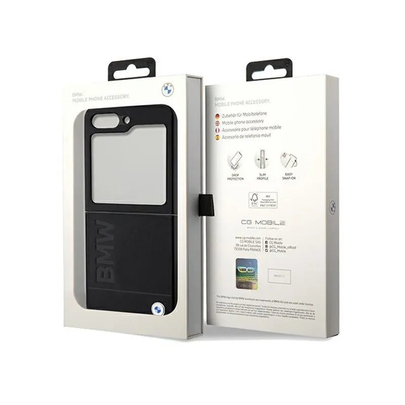 BMW Leather Hot Stamp – dėklas Samsung Galaxy Z Flip 5 (juodas)