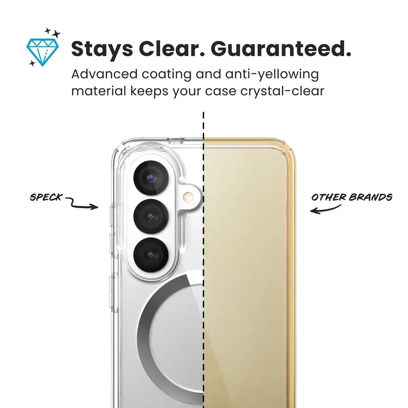 Speck Presidio Perfect-Clear Magnet – Samsung Galaxy S26 MagSafe dėklas (skaidrus/sidabrinis)