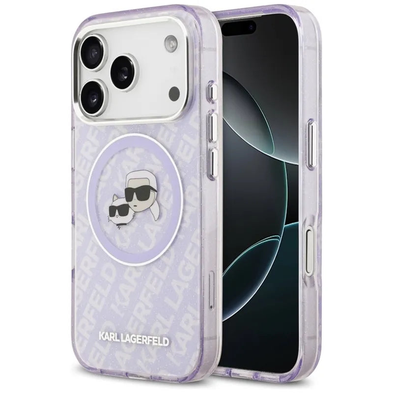Karl Lagerfeld IML Glitter Karl & Choupette Heads Logo MagSafe – dėklas iPhone 17 Pro Max (violetinis)