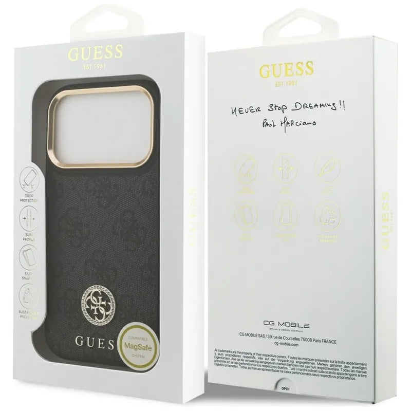 Guess 4G Strass Logo MagSafe - Dėklas iPhone 17 Pro (juodas)