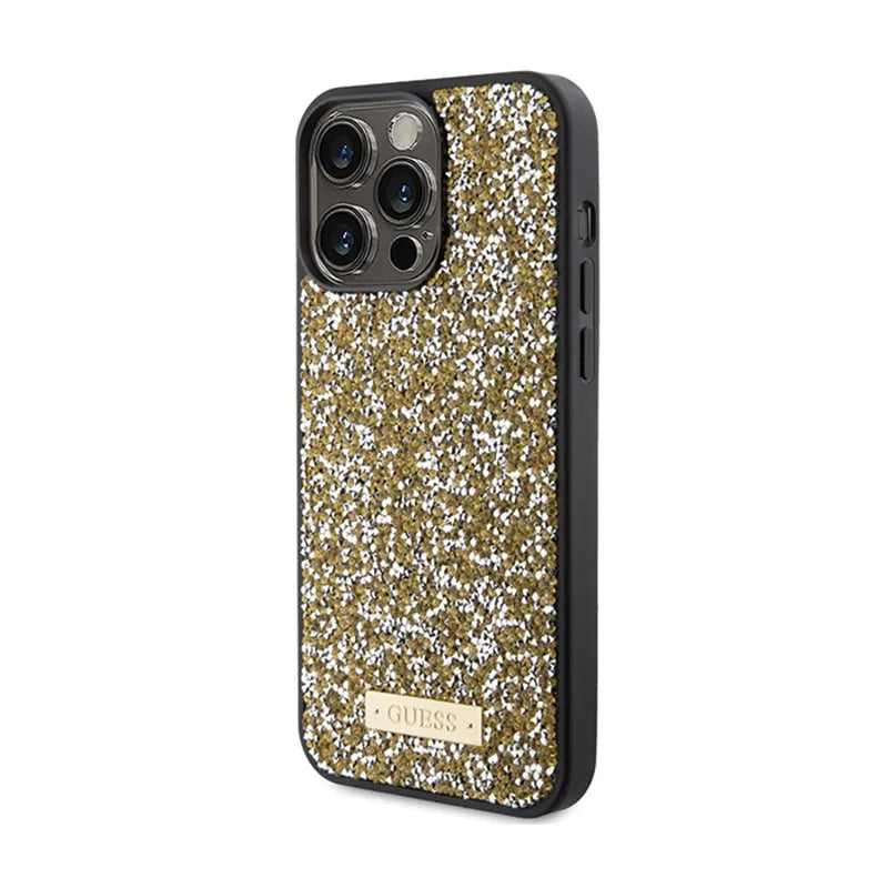 Guess Rhinestone Metal Logo – dėklas iPhone 15 Pro (geltonas)
