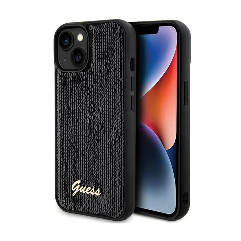 Guess Sequin Script Metal dėklas iPhone 14 (juodas)