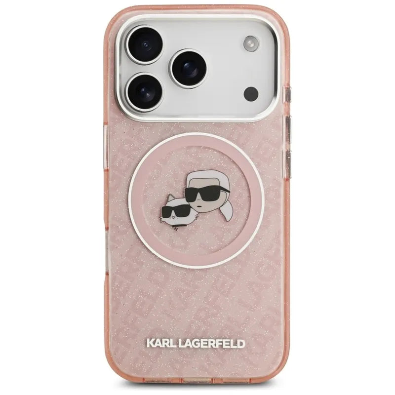 Karl Lagerfeld IML Glitter Karl & Choupette Heads Logo MagSafe - dėklas iPhone 17 Pro Max (rožinis)