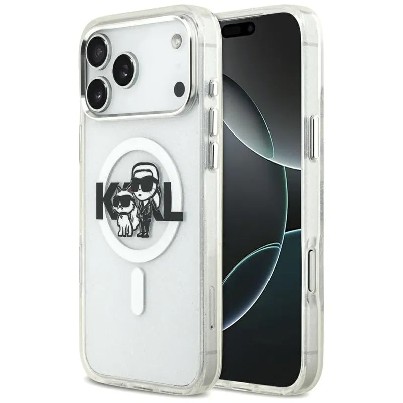 Karl Lagerfeld IML Glitter Karl & Choupette Sketch Logo MagSafe – dėklas iPhone 17 Pro Max (skaidrus)
