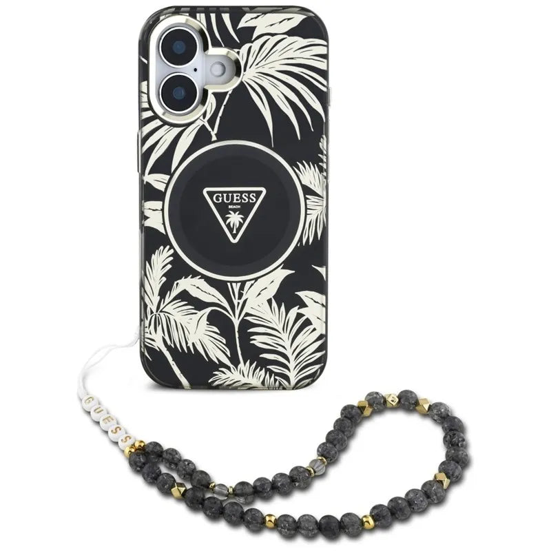 Guess Palm Trees Triangle Pearl Strap MagSafe – dėklas iPhone 16 (juodas)