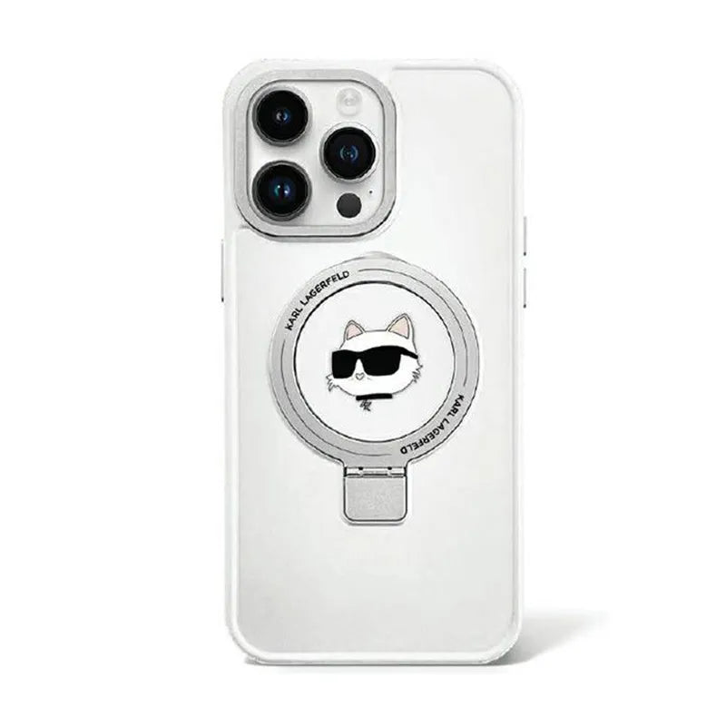 Karl Lagerfeld Ring Stand Choupette Head MagSafe – dėklas iPhone 15 Plus (baltas)