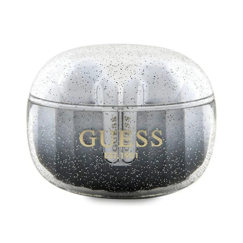 Guess Glitter Gradient – TWS Bluetooth ausinės + įkrovimo dėklas (juodos)