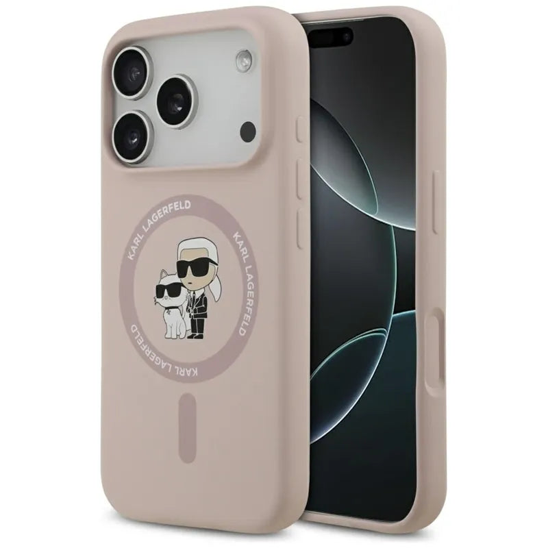 Karl Lagerfeld Silicone Karl & Choupette Ring MagSafe – Dėklas iPhone 17 Pro (rožinis)