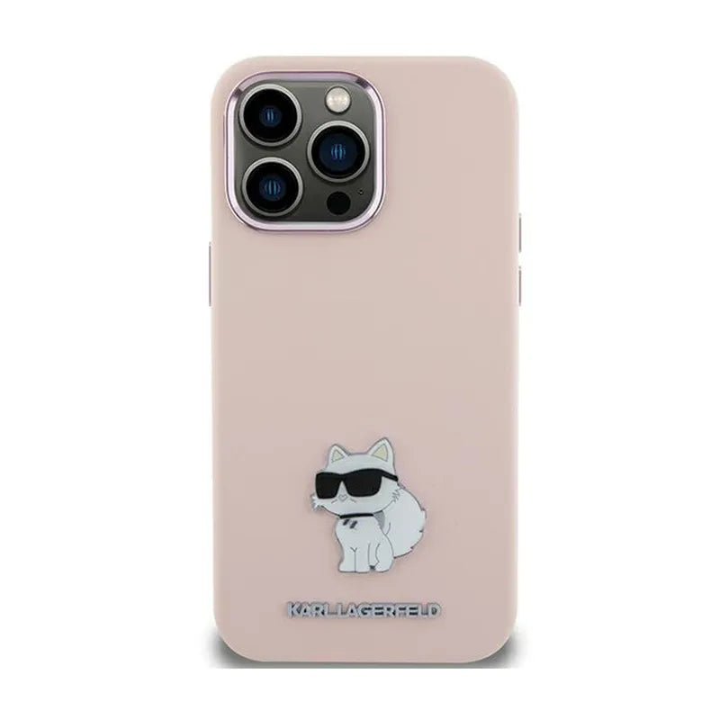 Karl Lagerfeld Silicone Choupette Metal Pin – dėklas Apple iPhone 15 Plus (rožinis)