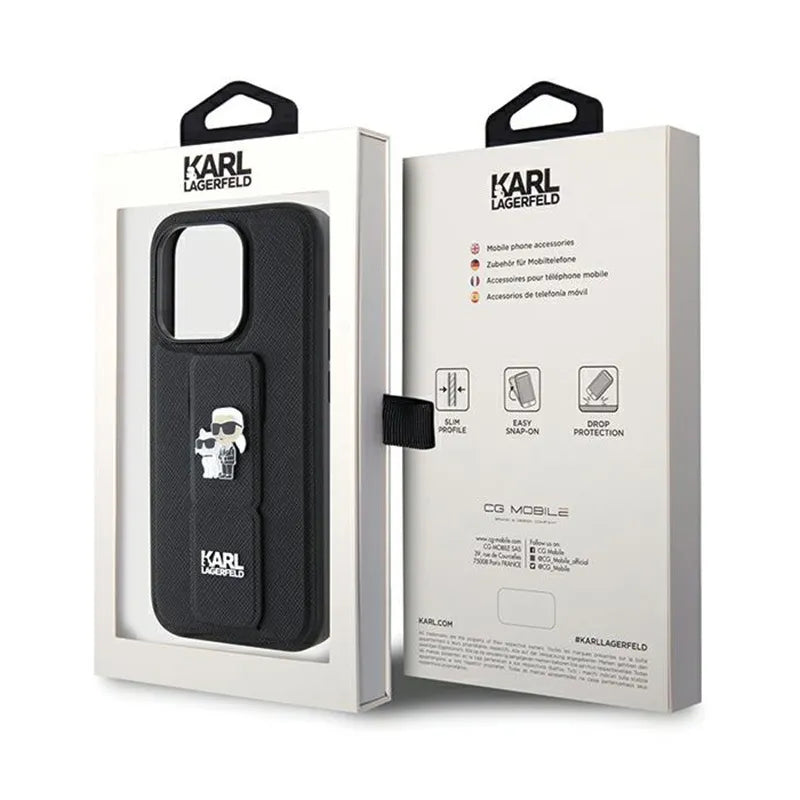 Karl Lagerfeld Gripstand Saffiano Karl & Choupette Pins – dėklas, skirtas iPhone 13 Pro (juodas)