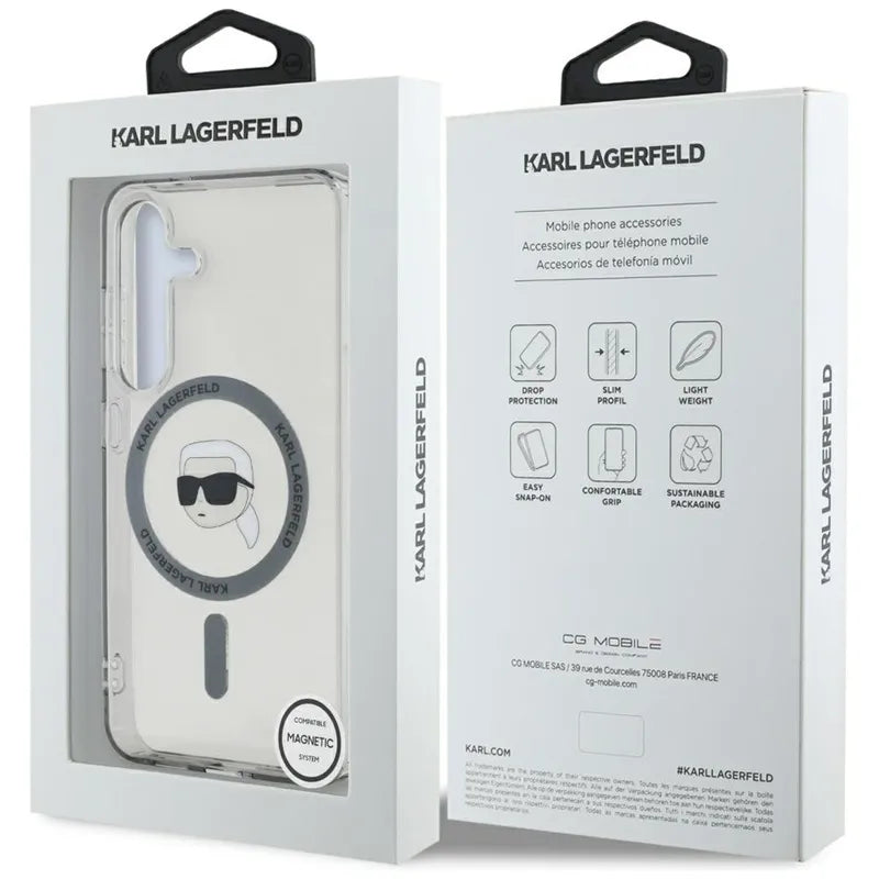Karl Lagerfeld Button Karl Head Printed Logo MagSafe – dėklas Samsung Galaxy S25 (juodas)