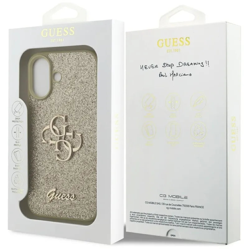 Guess Fixed Glitter Big 4G – dėklas iPhone 17 (auksinis)
