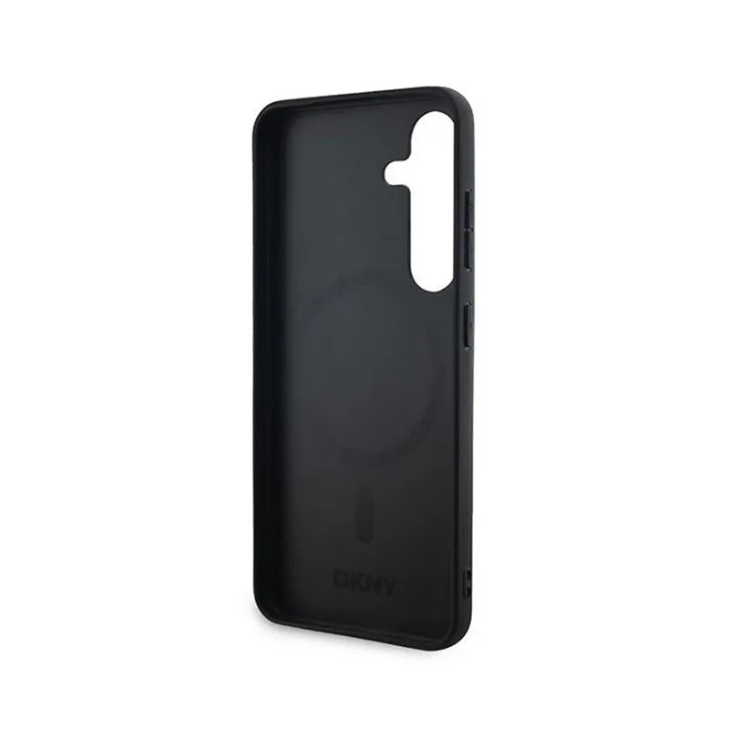DKNY Leather Checkered Mono Pattern MagSafe - dėklas Samsung Galaxy S24+ telefonui (juodas)