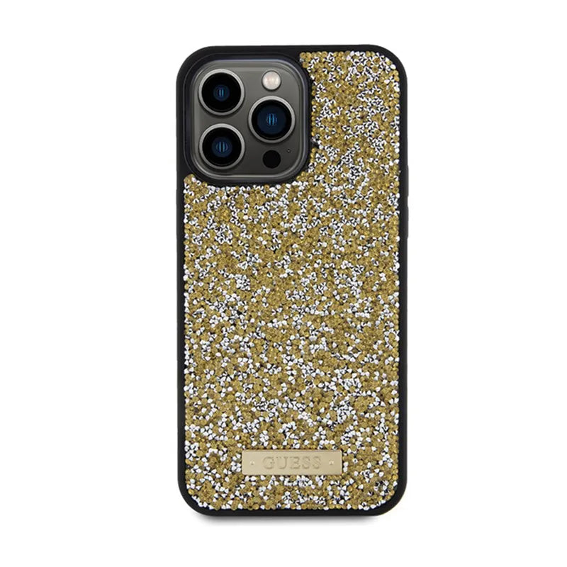 Guess Rhinestone Metal Logo – dėklas iPhone 15 Pro (geltonas)