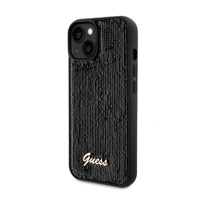 Guess Sequin Script Metal dėklas iPhone 14 (juodas)
