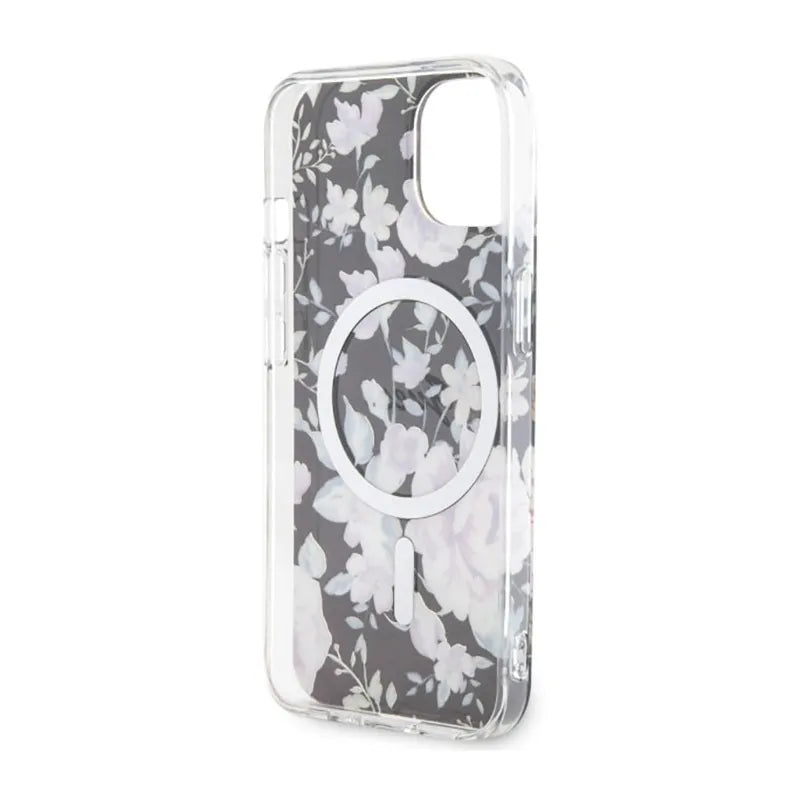 Guess Flower MagSafe – dėklas, skirtas iPhone 14 (juodas)