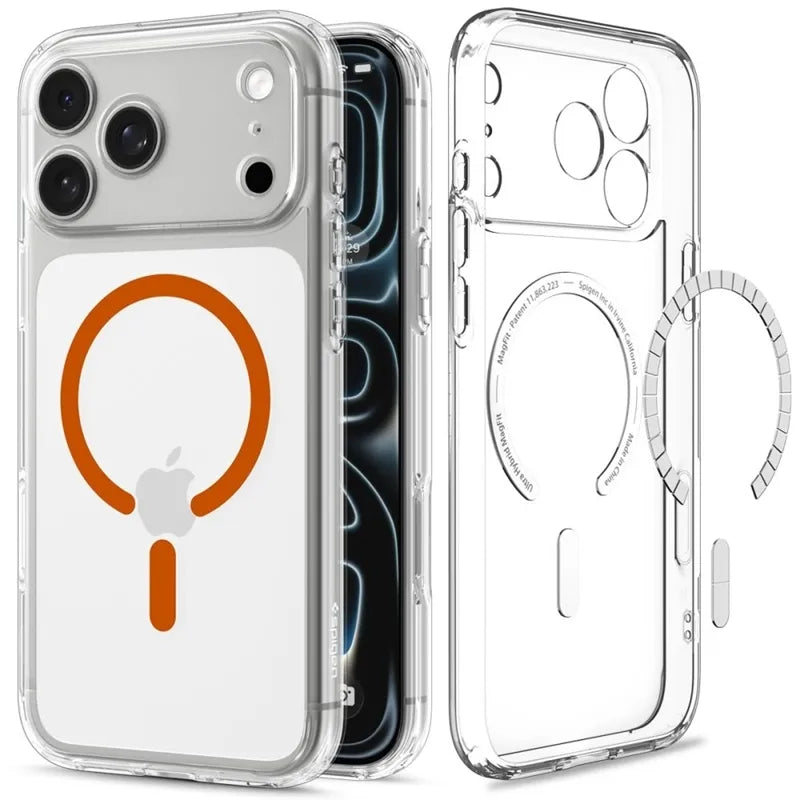 Spigen Ultra Hybrid Mag MagSafe – dėklas, skirtas iPhone 18 Pro / 17 Pro (skaidrus / oranžinis)