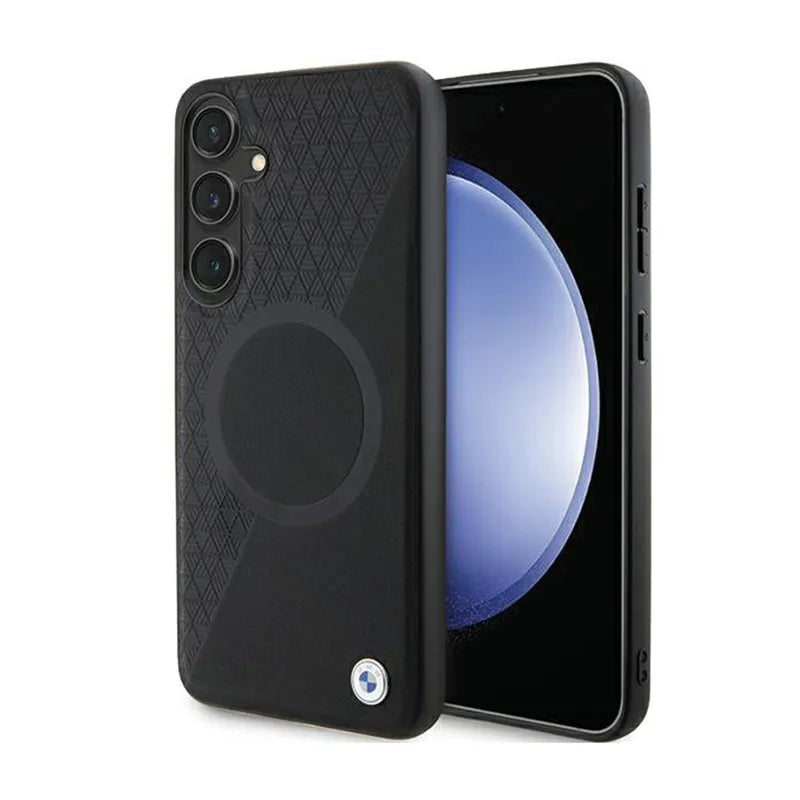 BMW Leather Half Textured & Circle MagSafe dėklas Samsung Galaxy S24+ telefonui (juodas)