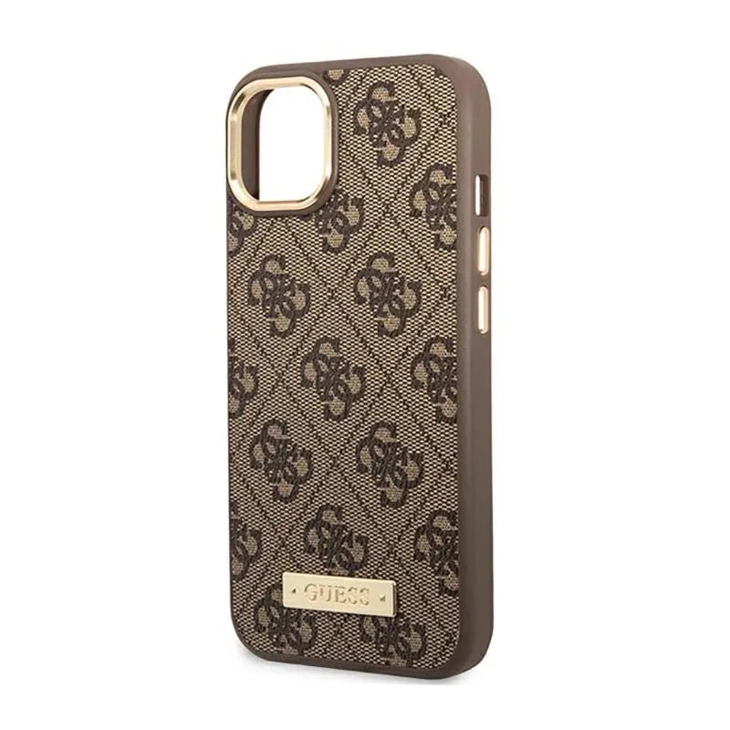 Guess 4G Logo Plate MagSafe – dėklas iPhone 14 Plus (rudas)