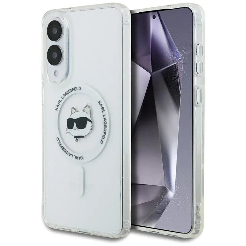Karl Lagerfeld Button Choupette Head Printed Logo MagSafe – dėklas Samsung Galaxy S25 Edge (baltas)