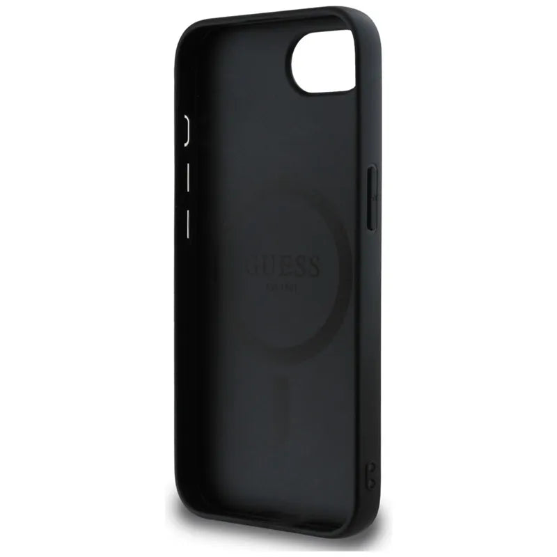 Guess Grained Ring MagSafe – dėklas iPhone 16e (juodas)