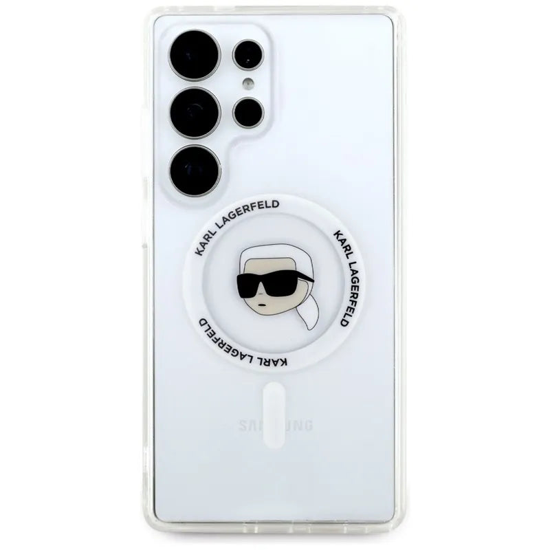 Karl Lagerfeld Button Karl Head Printed Logo MagSafe – dėklas Samsung Galaxy S25 Ultra (baltas)