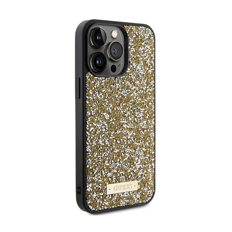 Guess Rhinestone Metal Logo – dėklas iPhone 15 Pro (geltonas)