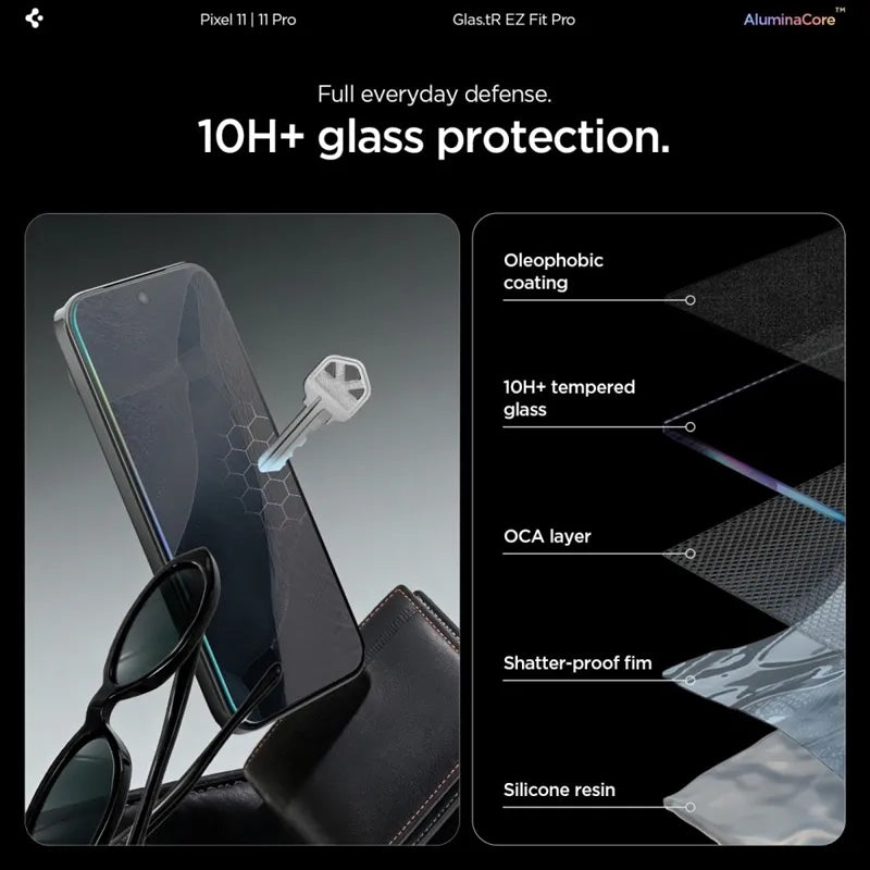 Spigen Glas.tR EZ Fit Pro AC 2-Pack – grūdintas stiklas, skirtas Google Pixel 11 / 11 Pro (2 vnt.)