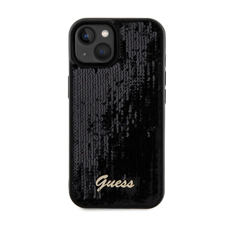 Guess Sequin Script Metal dėklas iPhone 14 (juodas)