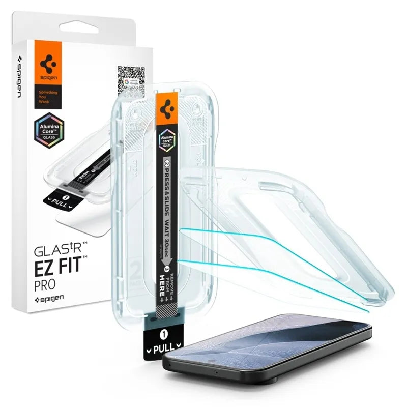 Spigen Glas.tR EZ Fit Pro AC 2-Pack – grūdintas stiklas, skirtas Google Pixel 11 / 11 Pro (2 vnt.)