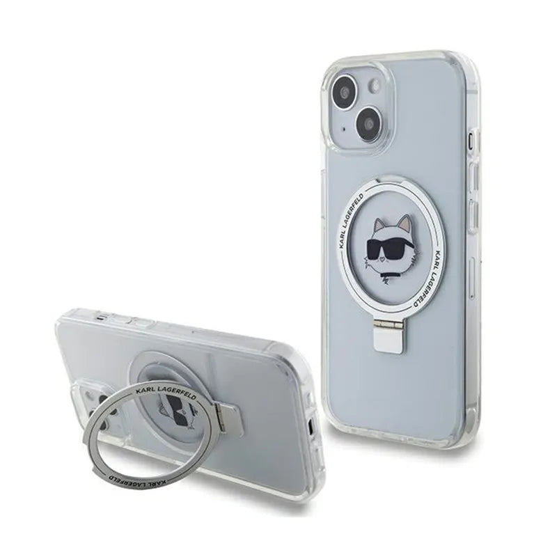 Karl Lagerfeld Ring Stand Choupette Head MagSafe – dėklas iPhone 15 telefonui (baltas)