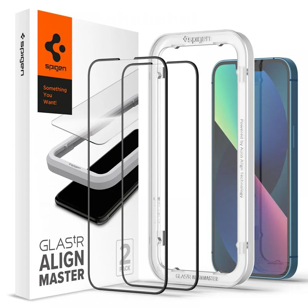 Spigen Alm Glass FC 2-Pack – grūdintas stiklas, skirtas iPhone 17e / 16e / 14 / 13 / 13 Pro, 2 vnt. (juodas rėmelis)