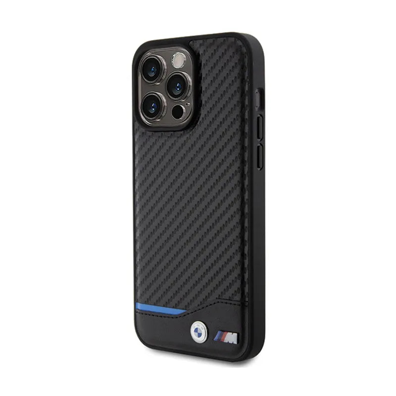 BMW Leather Carbon Blue Line – dėklas iPhone 15 Pro Max (juodas)