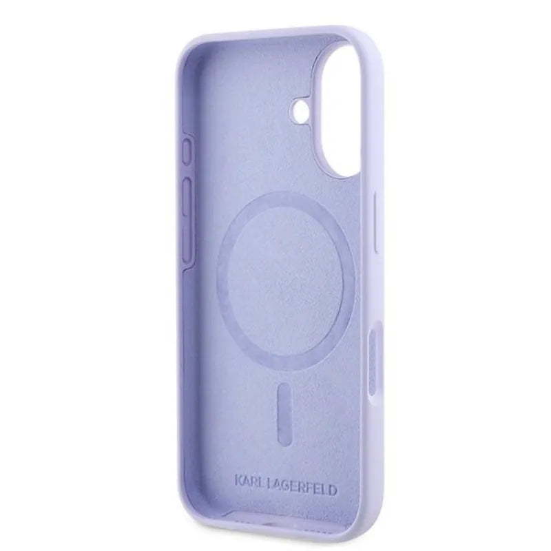 Karl Lagerfeld Silicone Karl & Choupette Ring MagSafe – Dėklas iPhone 16 Plus (violetinis)