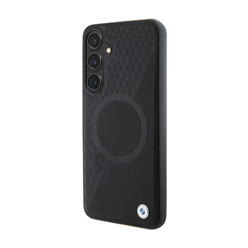 BMW Leather Half Textured & Circle MagSafe dėklas Samsung Galaxy S24+ telefonui (juodas)