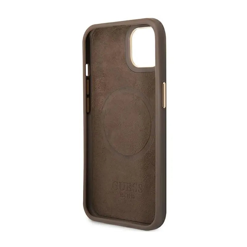 Guess 4G Logo Plate MagSafe – dėklas iPhone 14 Plus (rudas)